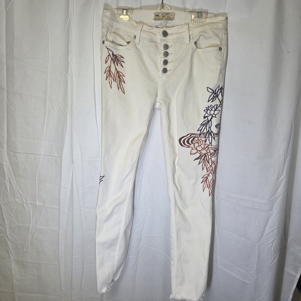 Free People High Rise White Jeans with Embroidery